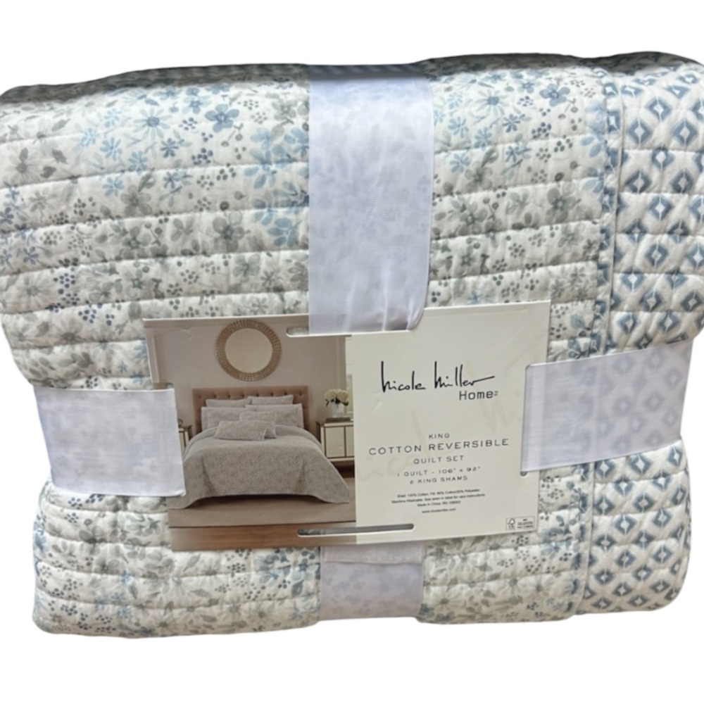 Nicole Miller Floral Cotton Reversible King Quilt Set 106”x92”